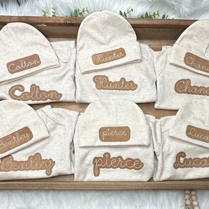 Baby boy custom neutral coming home outfit, Personalized baby romper and hat set, custom infant boy coming home outfit, sleeper with footies image 4