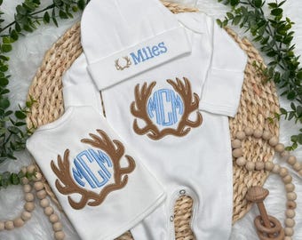 Baby Boy Coming Home Outfit Baby Camo Deer Antler Monogram Take Home Outfit Newborn Outfit Personalized Baby Outfit Baby Shower Beanie