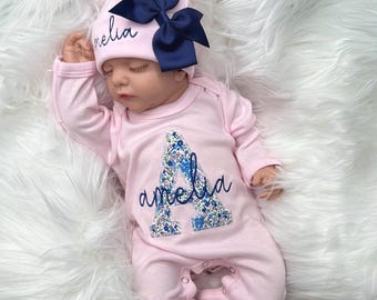 Monogrammed Baby Girl Outfit | Floral Initial Footie, Newborn Gift