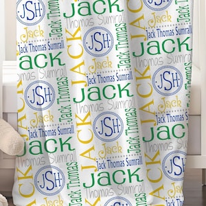 May include: A white fleece blanket featuring a repeating pattern of the name Jack, the full name Jack Thomas Sumrall, and a circular monogram with the letters JSH in blue, green, yellow, and gray text printed across the fabric surface.