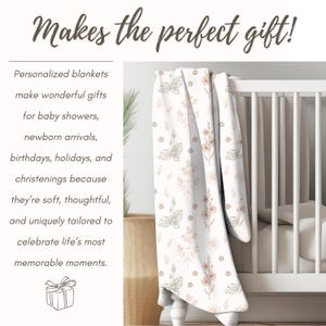 The image is a promotional graphic for personalized blankets, highlighting that they make perfect gifts for baby showers, newborn arrivals, birthdays, holidays, and christenings due to their soft, thoughtful, and uniquely tailored nature.