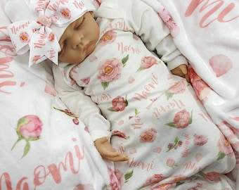Personalized Floral Baby Gown, Blanket & Hat Set - Newborn Swaddle