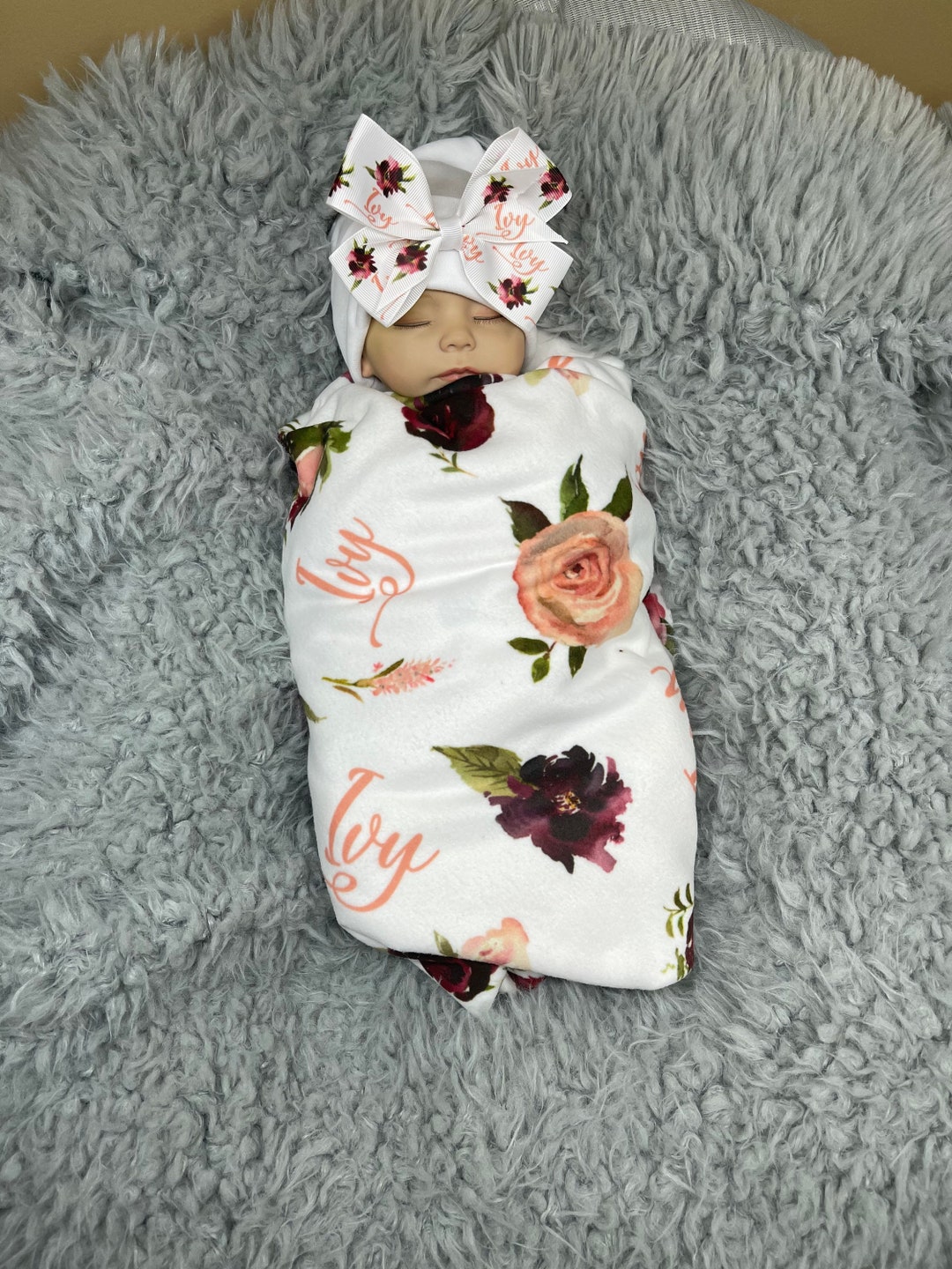 Burgundy Baby Girl Blanket Personalize Baby Swaddle Baby Shower Gift ...