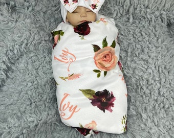 Burgundy Baby Girl Blanket Personalize Baby Swaddle Baby Shower Gift Monogram Baby Blanket Name Blanket Receiving Blanket or Plush Blanket