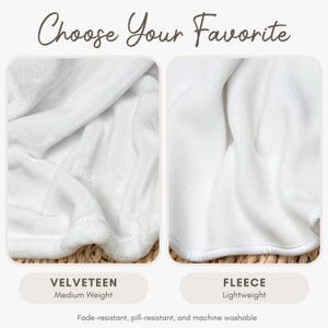 two different types of white blankets or sheets, labeled as "Velvetteen" and "Fleece", with text indicating their characteristics.