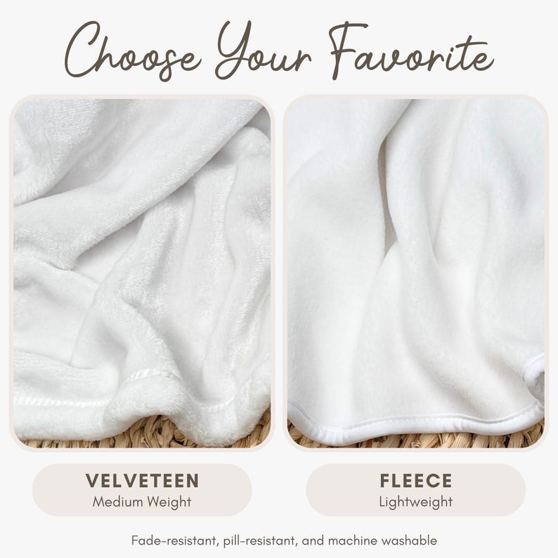 two different types of white blankets or sheets, labeled as "Velvetteen" and "Fleece", with text indicating their characteristics.