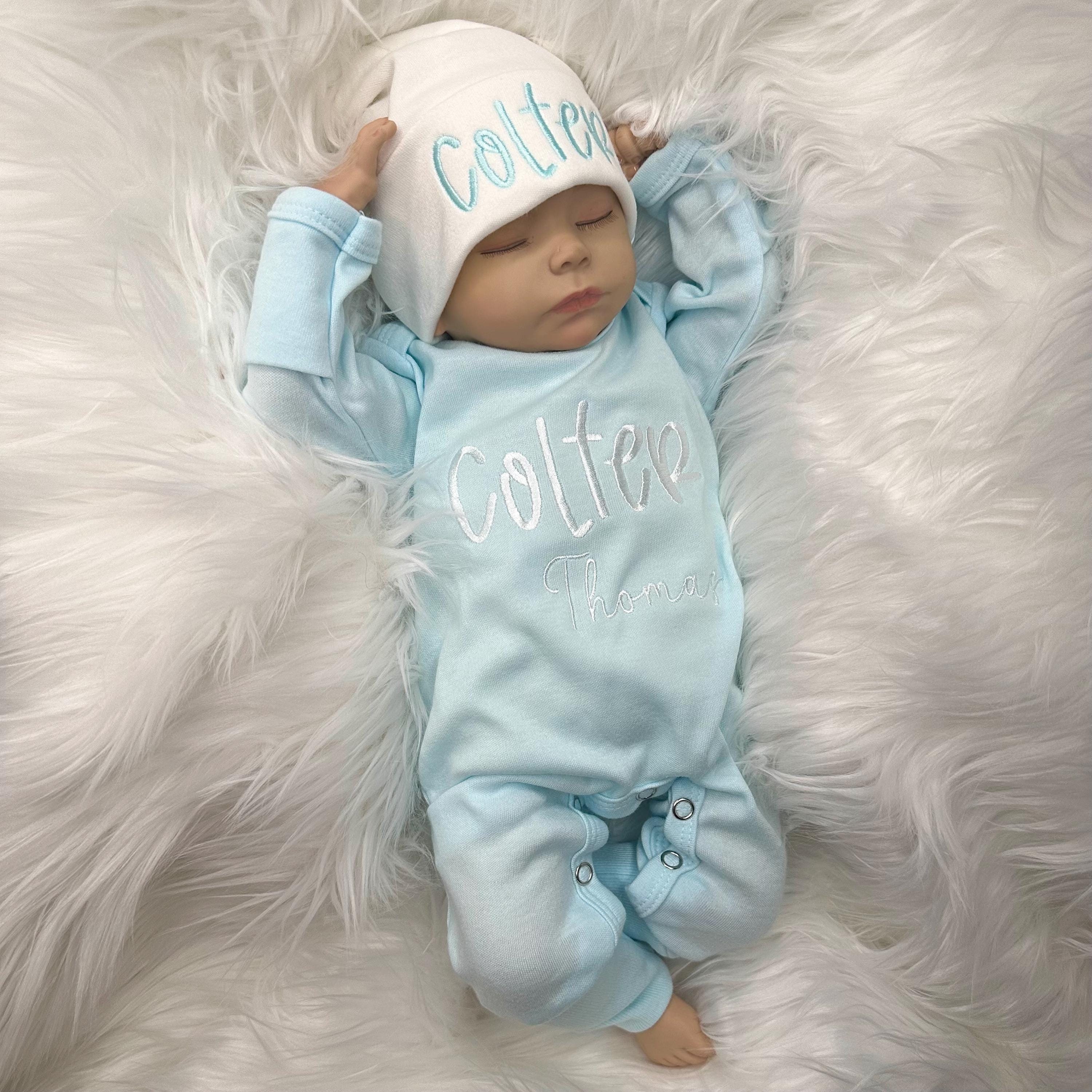 Personalized baby blue boy romper with bow, custom baby coming home outfit, baby shower gift, boy sleeper with footies, monogrammed baby set
