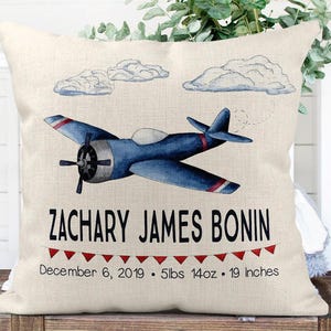 Personalized Airplane Nursery Pillow Cover, Birth Announcement Gift image 1