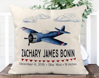 Personalized Airplane Nursery Pillow Cover, Birth Announcement Gift