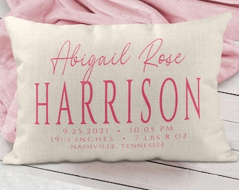 Personalized Birth Announcement Pillow, Nursery Decor, Baby Girl Gift