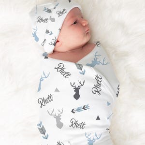 Baby Boy Swaddle Blanket Hat Set Custom Baby Shower Gift Hospital Name Announcement Personalized Baby Boy Blanket with deer Woodland Baby