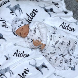 Personalized Baby Blanket Deer Antler Baby Boy Coming Home Outfit Arrow Baby Gown Swaddle Set Hunting Baby Outfit Adventure baby Blanket