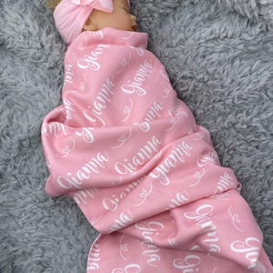Personalized Baby Name Blanket, Blanket and Headband Bow Set, Pink Swaddle for Girl Blanket, baby swaddle blanket, Newborn Hospital Blanket