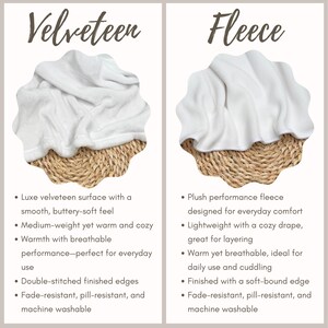 The image is a comparison between two types of blankets: a velvet-like blanket and a fleece blanket. The velvet blanket has a smooth, buttery-soft feel, a medium-weight yet warm and cozy texture, and a breathable and performance-perfect design for everyday use. The fleece blanket has a soft, plush performance, designed for everyday comfort, and features a lightweight, cozy drape, a warm and breathable texture, and a finished edge with a soft-bound edge and machine washable material.