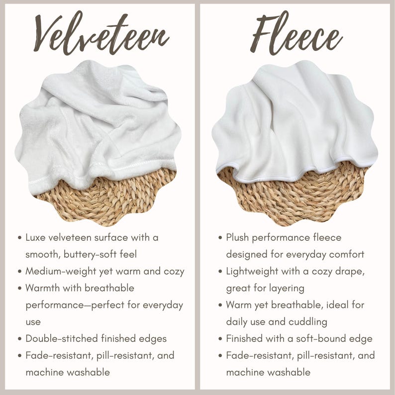 The image is a comparison between two types of blankets: a velvet-like blanket and a fleece blanket. The velvet blanket has a smooth, buttery-soft feel, a medium-weight yet warm and cozy texture, and a breathable and performance-perfect design for everyday use. The fleece blanket has a soft, plush performance, designed for everyday comfort, and features a lightweight, cozy drape, a warm and breathable texture, and a finished edge with a soft-bound edge and machine washable material.