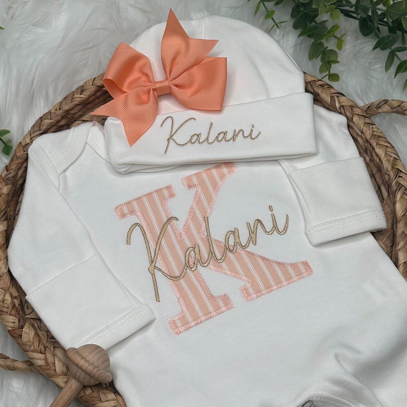 Personalized Baby Name Romper Embroidery, Monogrammed Initial, Going Home Outfit, Newborn Photo Prop, Custom Infant Gown image 3
