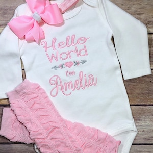Hello World Newborn Girl Coming Home Outfit Baby Girl Clothes Infant Girl Clothes Baby Girl Gift  Baby Girl Outfit Baby Girl Leg Warmers