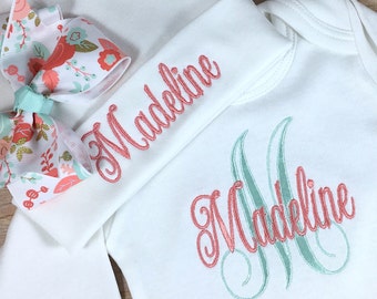 Personalized Coming Home Outfit, Monogram Coral Mint Baby Gown Hat, Newborn Girl Outfit, Baby Girl Coming Home Outfit, Personalize