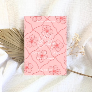 May include: A pink floral invitation card with the text "Cake's Birthday" in white script. The card features a repeating pattern of pink hibiscus flowers and a grid design. Additional text includes the date, time, and RSVP information.