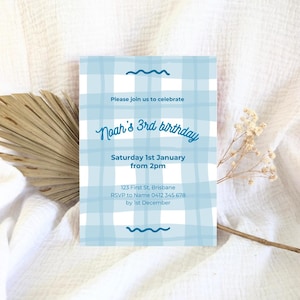 Blue Gingham Birthday Invitation
