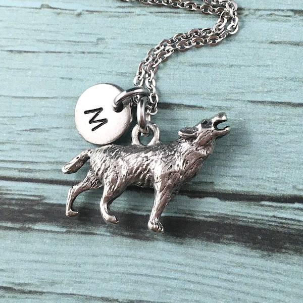 Wolf Necklace Or Wolf Keychain, Personalised Wolf Lover Gift, Initial Charm, 3-D Silver Wolf Charm, Wolf Gifts, Wolf Pendant, Wolf Keyring