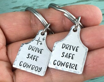 Drive Safe Cowboy Keychain, Cattle Tag Keyring, Cattle Tag Designs, Hand Stamped Rodeo gifts, Western gifts, Gifts For Him, Cow Tag