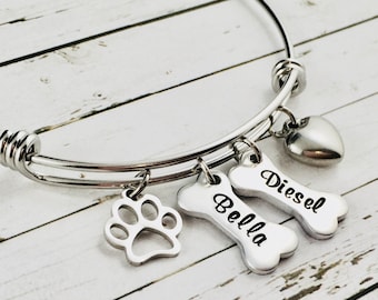 Dog Bone Bracelet, Hand Stamped Custom Pet Names, Expandable Bracelet, Dog Mum Bracelet, Pet Jewelry, Dog Lover Gifts, Animal Lover Gift,