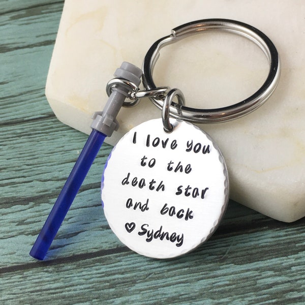 I Love You To The Death Star & Back Keychain, Gift For Boyfriend, Gift For Girlfriend, Hand Stamped Keychain