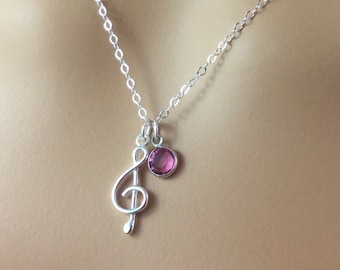 Personalised Sterling Silver Treble Clef Necklace, Crystal Birthstone, Treble Clef Pendant, Treble Clef Charm, Dainty Treble Clef Jewelry
