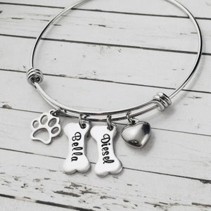 Dog Bone Bracelet, Hand Stamped Custom Pet Names, Expandable Bracelet, Dog Mum Bracelet, Pet Jewelry, Dog Lover Gifts, Animal Lover Gift, image 2