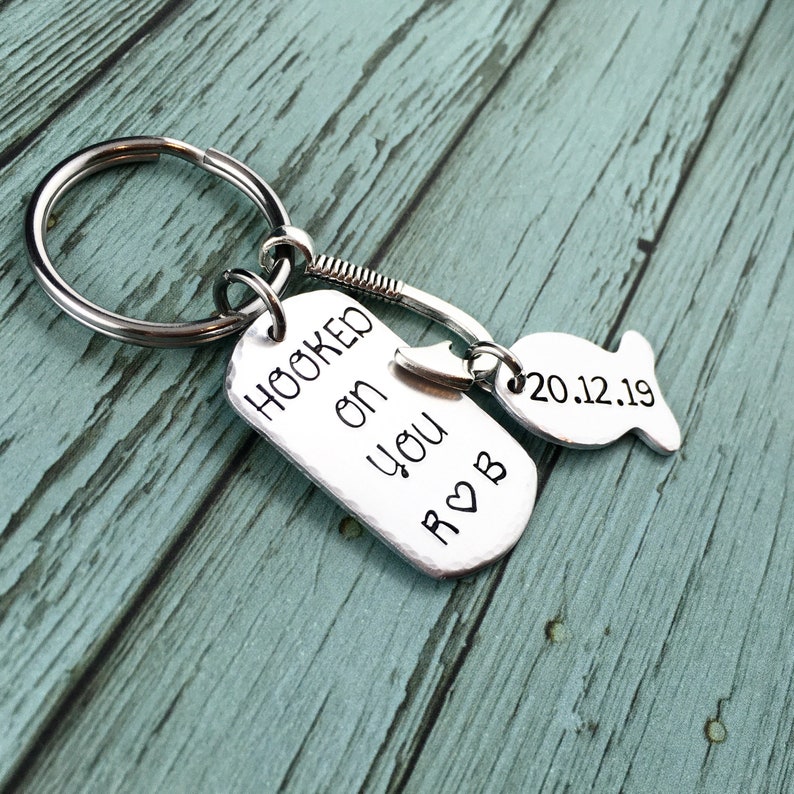 Gift For Boyfriend Personalised Gift For Him Fish Hook Boyfriend Keychain Hand Stamped Anniversary Gift Hooked On You Keychain