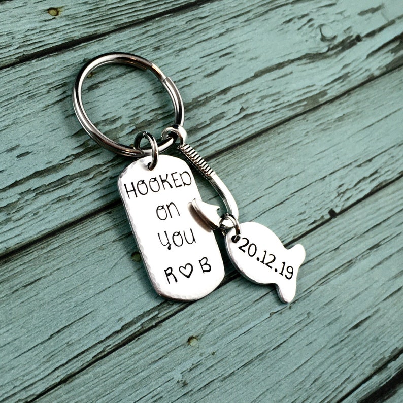 Gift For Boyfriend Personalised Gift For Him Fish Hook Boyfriend Keychain Hand Stamped Anniversary Gift Hooked On You Keychain
