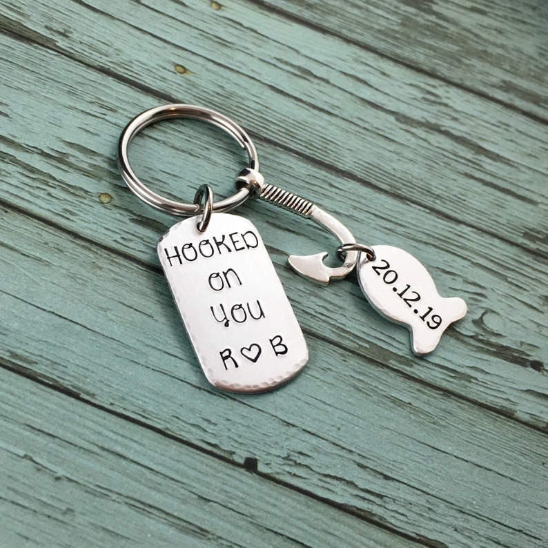 Gift For Boyfriend Personalised Gift For Him Fish Hook Boyfriend Keychain Hand Stamped Anniversary Gift Hooked On You Keychain