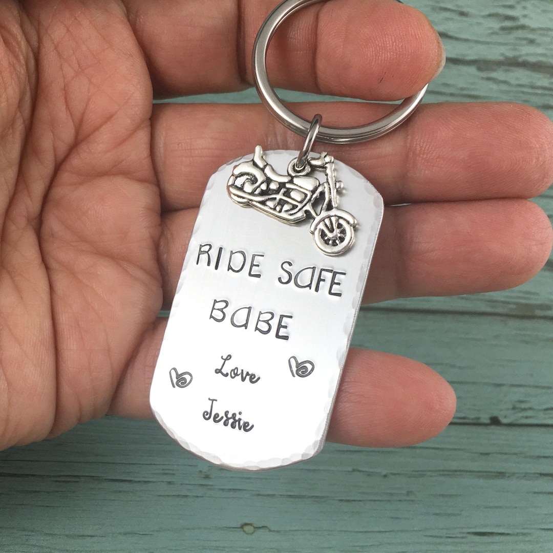 Ride Safe Keychain Motorcycle Charm, Personalised Ride Safe Keyring