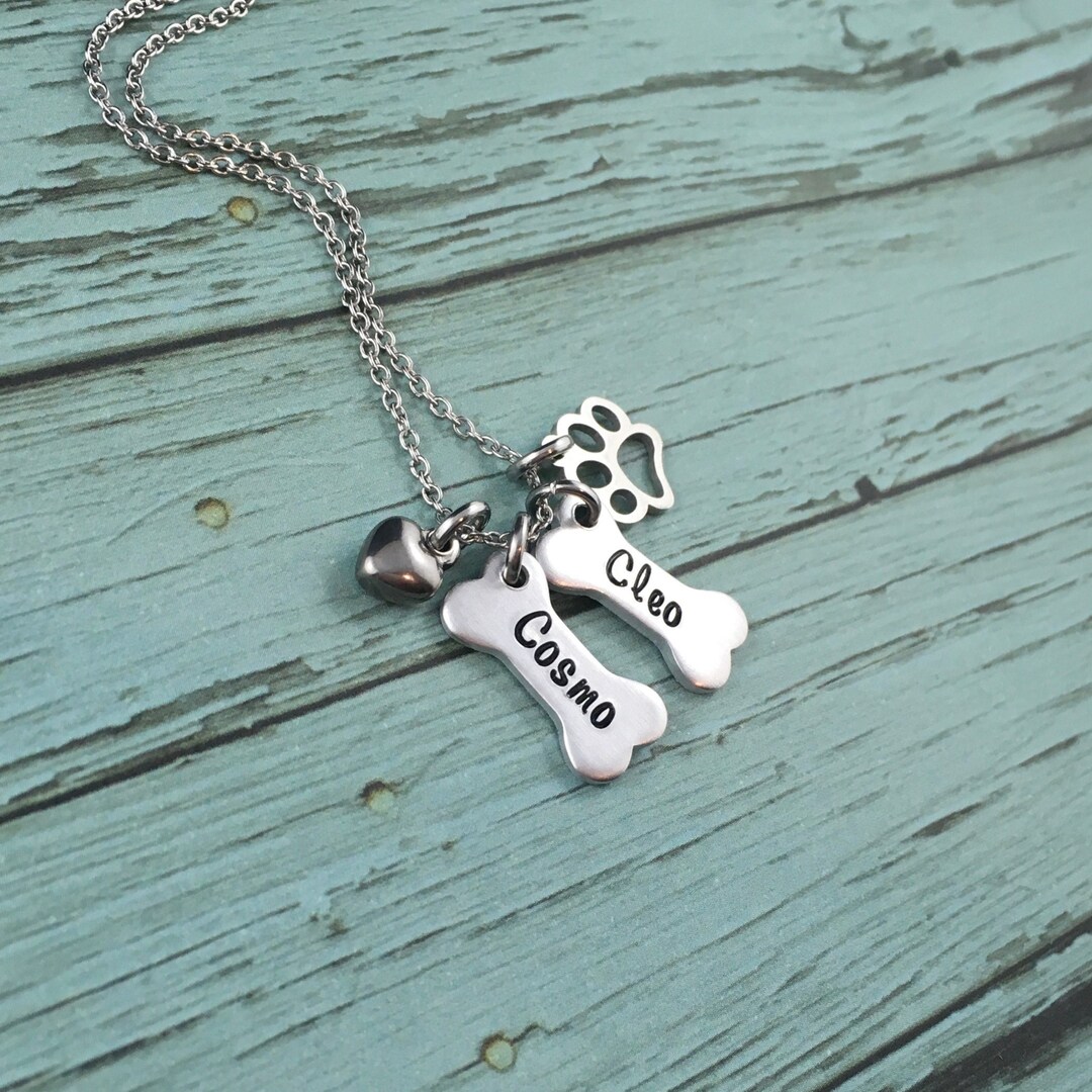 Personalised Dog Bone Necklace, Hand Stamped Pet Name Necklace, Pet