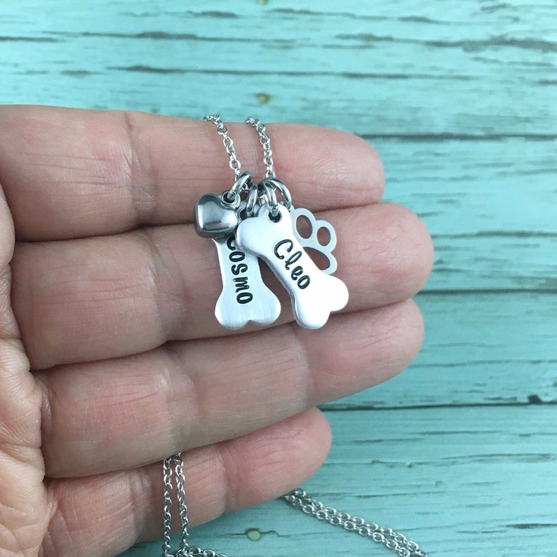 Personalised Dog Bone Necklace, Hand Stamped Pet Name Necklace, Pet Jewelry, Dog Lover Gifts, Dog Bone Jewelry, Custom Pet Name Jewelry image 2