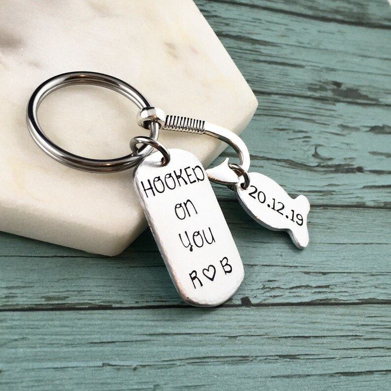 Gift For Boyfriend Personalised Gift For Him Fish Hook Boyfriend Keychain Hand Stamped Anniversary Gift Hooked On You Keychain