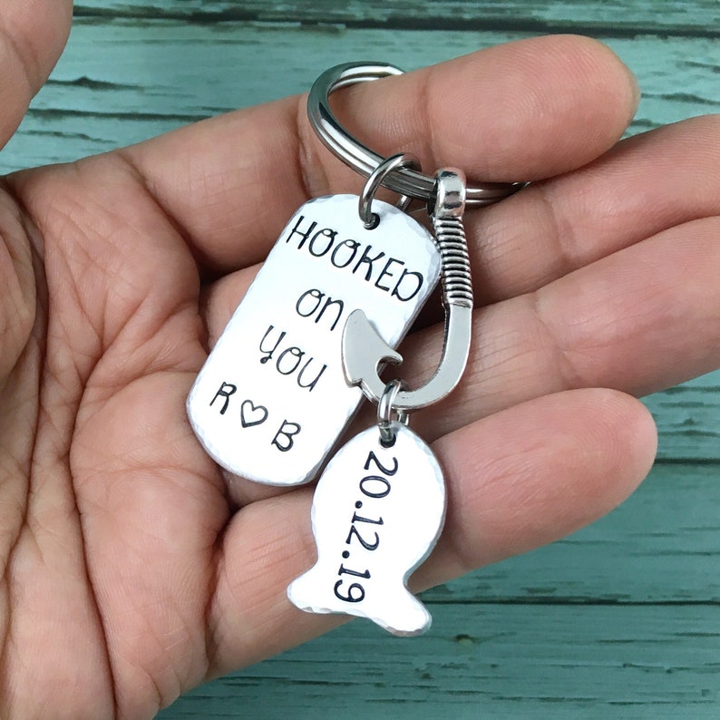 Gift For Boyfriend Personalised Gift For Him Fish Hook Boyfriend Keychain Hand Stamped Anniversary Gift Hooked On You Keychain