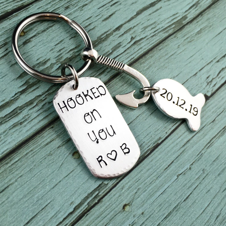 Gift For Boyfriend Personalised Gift For Him Fish Hook Boyfriend Keychain Hand Stamped Anniversary Gift Hooked On You Keychain