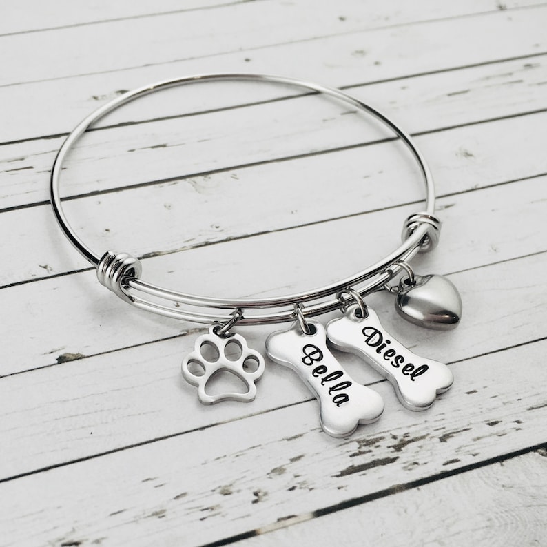 Dog Bone Bracelet, Hand Stamped Custom Pet Names, Expandable Bracelet, Dog Mum Bracelet, Pet Jewelry, Dog Lover Gifts, Animal Lover Gift, image 3