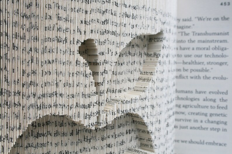 May include: A book with pages folded into a three-dimensional shape, creating a bird in flight. The book is open and the text on the pages is visible. The text reads, "We're on the sagine." "The Transhumanist into the mainstream. I have a moral obliga- to use our technolo -healthier, stronger, on be possible. Conflict with the evolu- humans have evolved technologies along the ng agriculture to feed now, creating genetic survive in a changing is just another step in we should embrace"