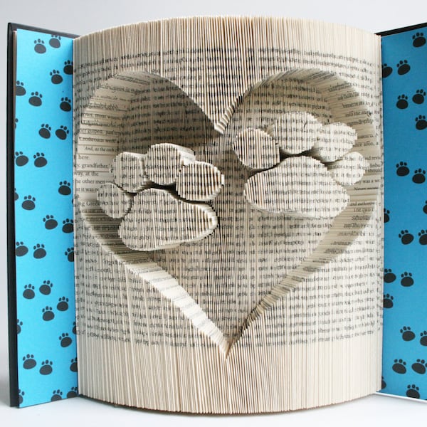 Book Folding Pattern Paw Prints in Heart: Book Folding Tutorial, Cut and Fold, Free printable downloads to personalise your gift