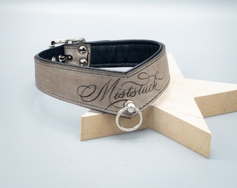BDSM leather collar with calligraphy "Miststück" narrow - grey