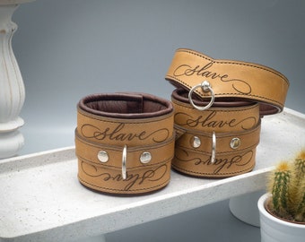 BDSM collar and cuffs bondage set "calligraphy" slave brown narrow