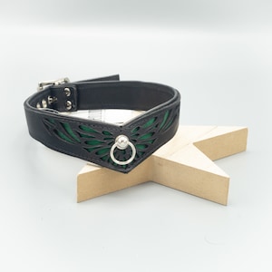 Puede incluir: Collar de cuero negro con un diseño de ala verde recortada y un anillo plateado.