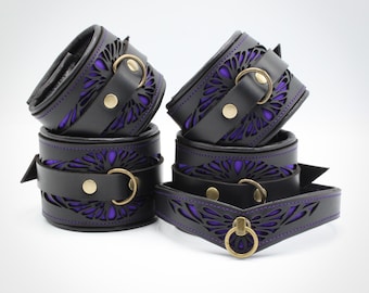 Bondage Set aus Leder "incision No. 8" schwarz / violett