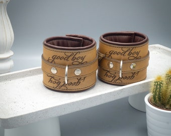BDSM leather cuffs "calligraphy" good boy - braun