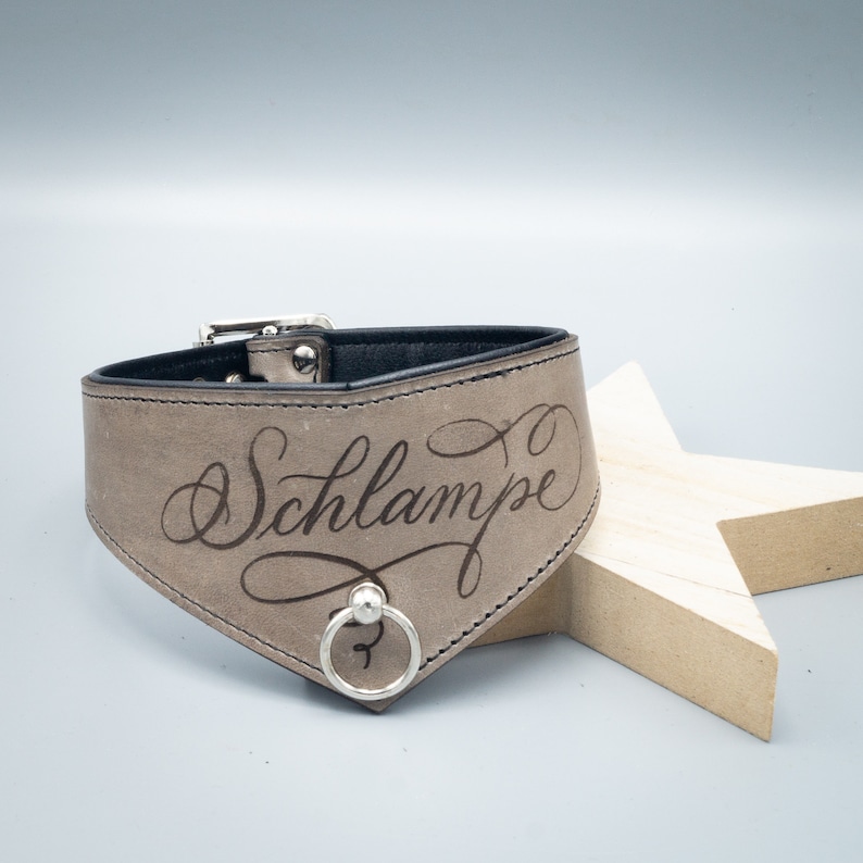 leather collar with calligraphy Schlampe wide grey image 1