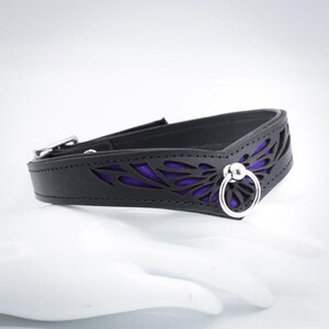 May include: A black leather collar with a purple velvet lining and a silver ring. The collar has a cut-out design of a wing.