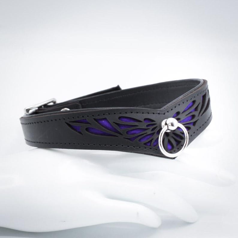 May include: A black leather collar with a purple velvet lining and a silver ring. The collar has a cut-out design of a wing.
